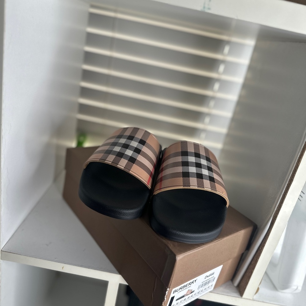 Burberry Plaid Slide Sandals with Black Soles